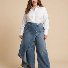Wrap Overlay Button Front Wide-Leg Jeans worn by a woman with curves