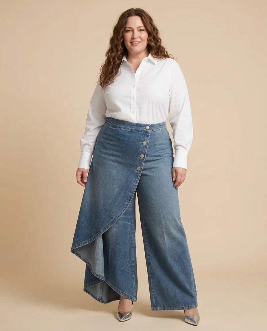 Wrap Overlay Button Front Wide-Leg Jeans worn by a woman with curves