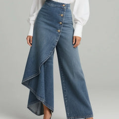 Wrap Overlay Button Front Wide-Leg Jeans in Blue