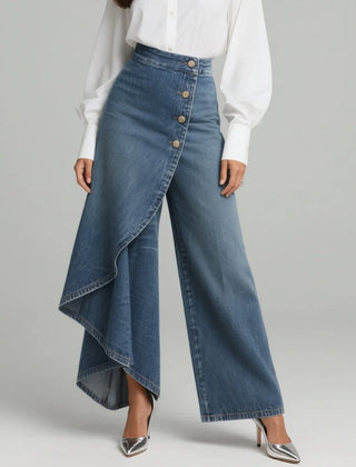 Wrap Overlay Button Front Wide-Leg Jeans in Blue