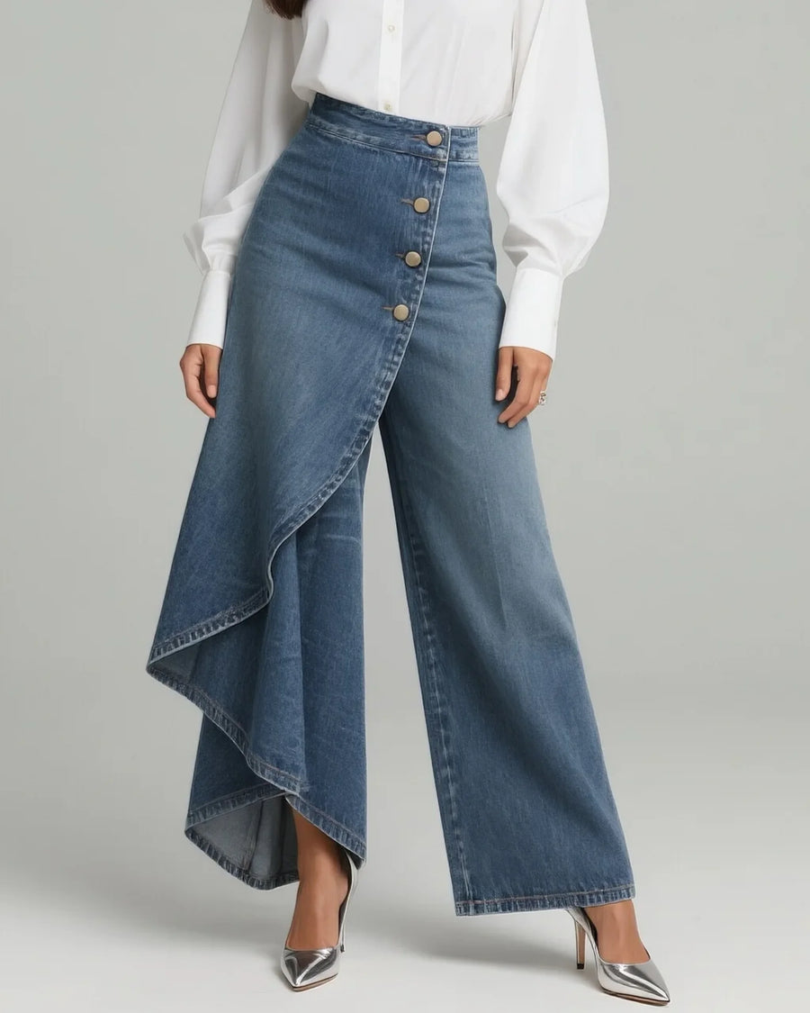Wrap Overlay Button Front Wide-Leg Jeans in Blue