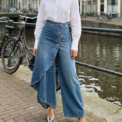 Wrap Overlay Button Front Wide-Leg Jeans in Blue