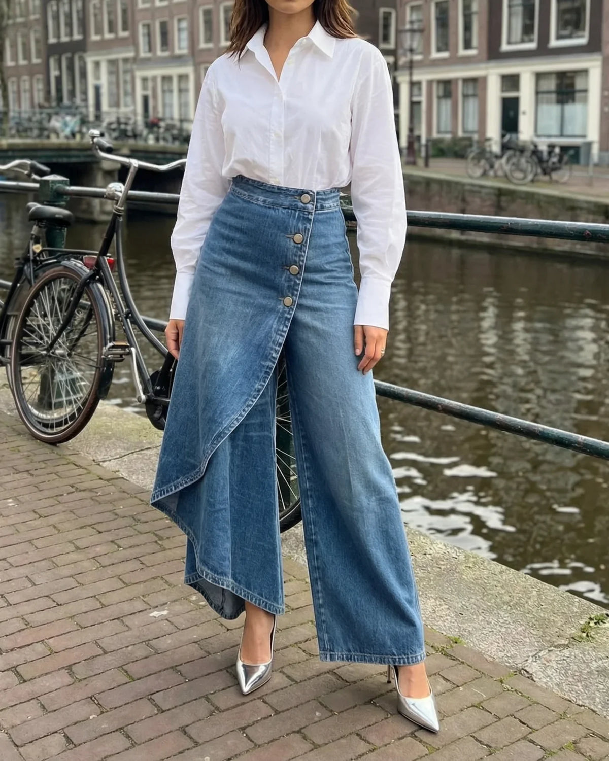 Wrap Overlay Button Front Wide-Leg Jeans in Blue