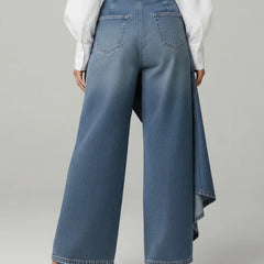 Wrap Overlay Button Front Wide-Leg Jeans in Blue