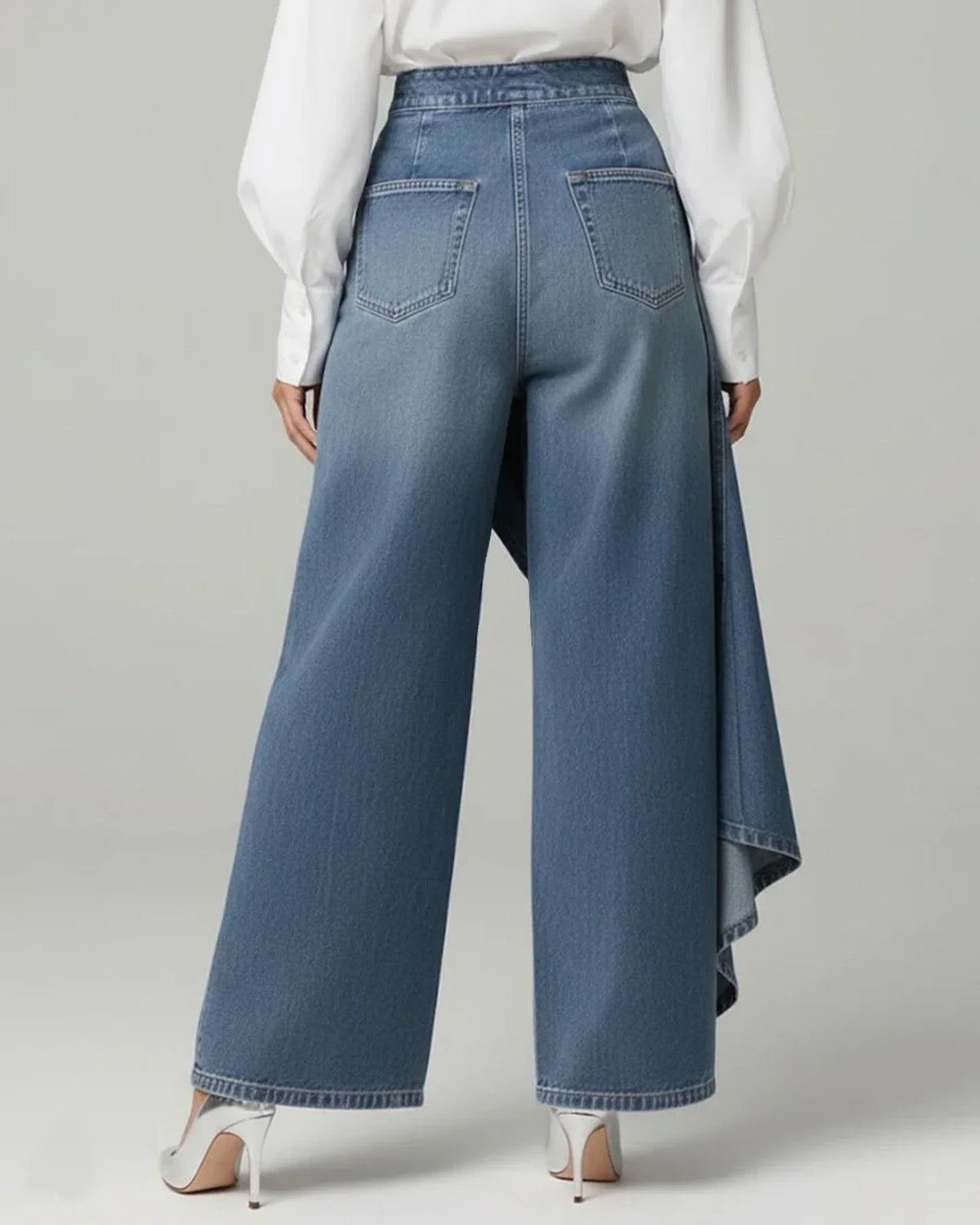 Wrap Overlay Button Front Wide-Leg Jeans in Blue