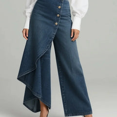 Wrap Overlay Button Front Wide-Leg Jeans in Dark Blue