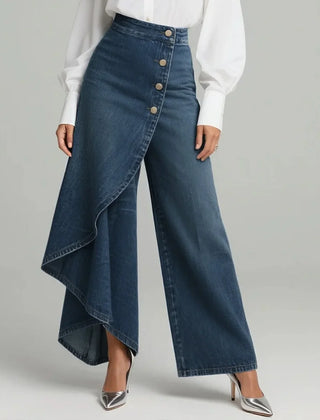 Wrap Overlay Button Front Wide-Leg Jeans in Dark Blue