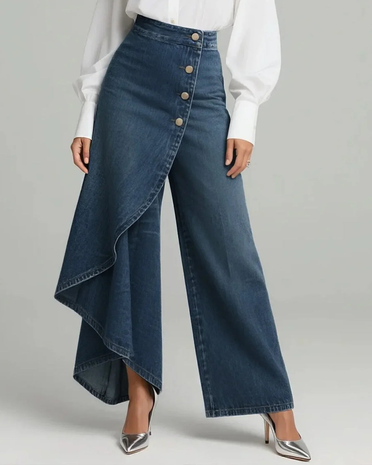 Wrap Overlay Button Front Wide-Leg Jeans in Dark Blue