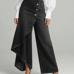 Wrap Overlay Button Front Wide-Leg Jeans in Black