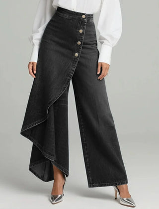 Wrap Overlay Button Front Wide-Leg Jeans in Black