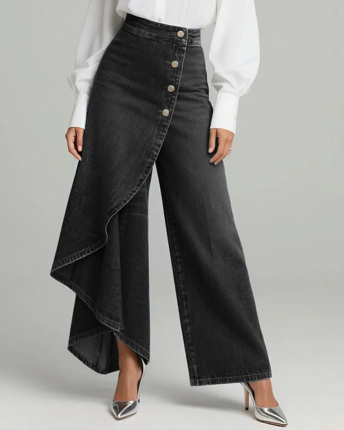 Wrap Overlay Button Front Wide-Leg Jeans in Black