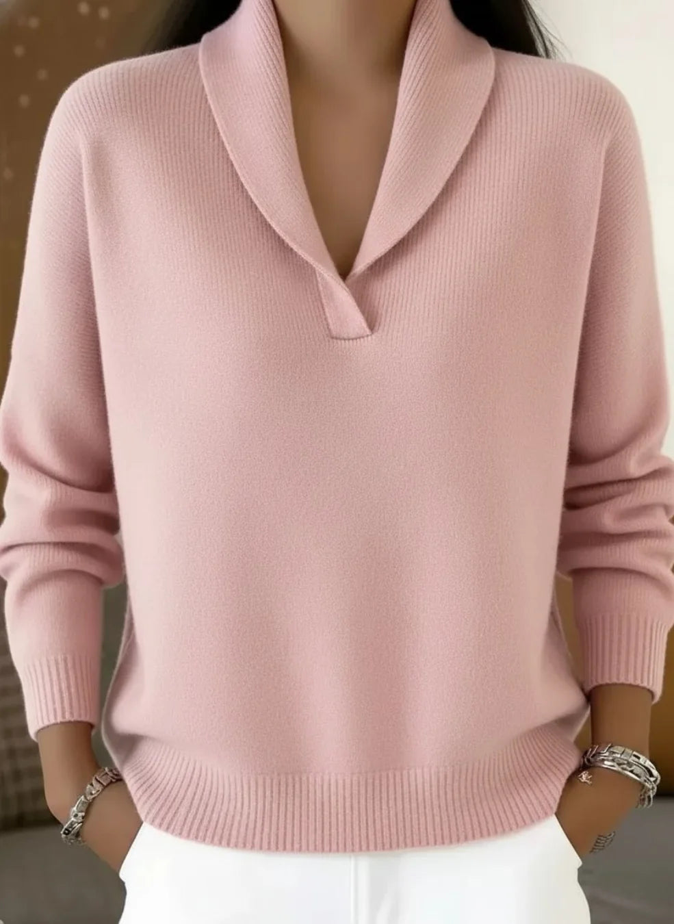 Shawl Collar V-Neck Sweater in Pink