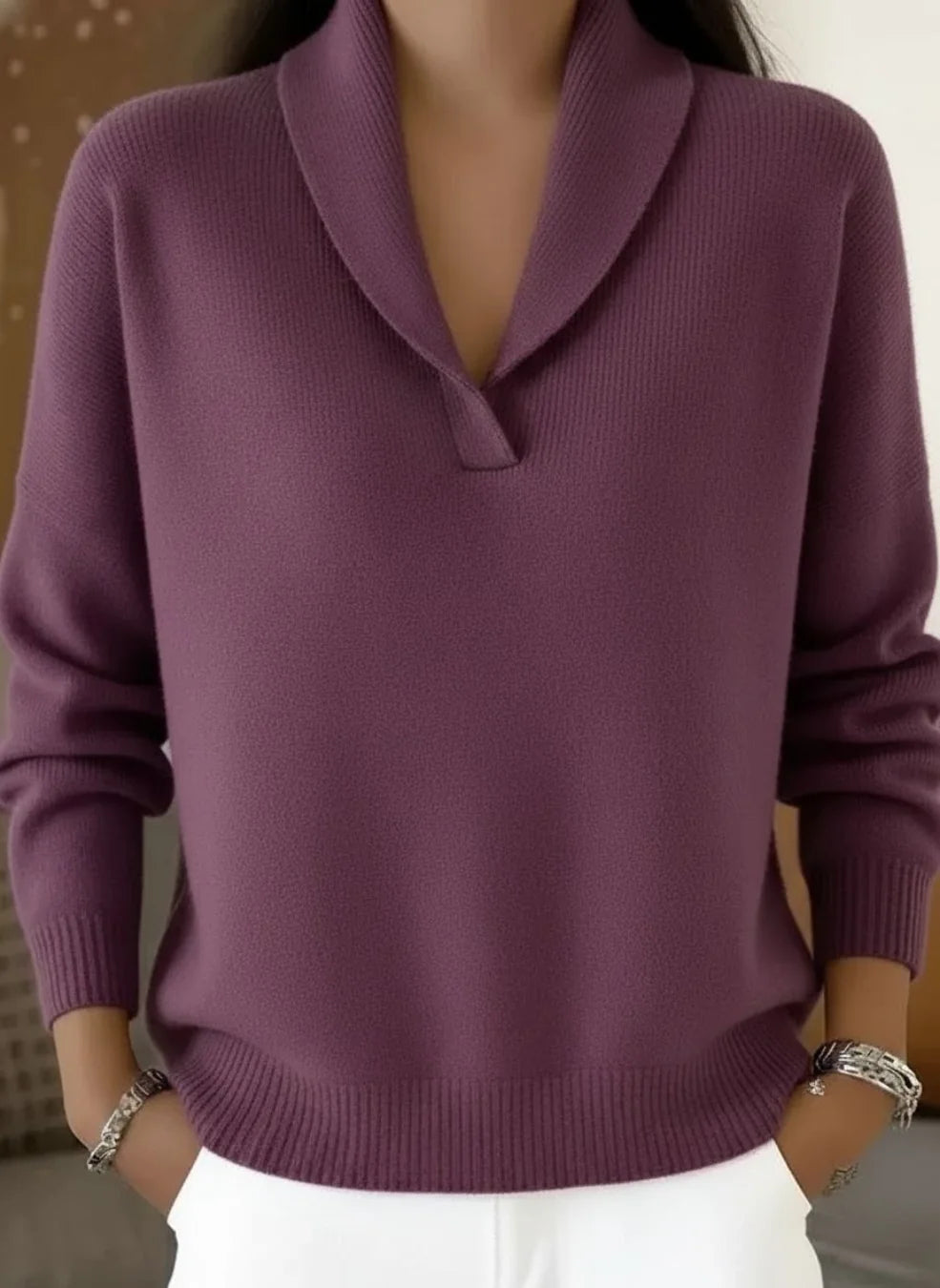 Shawl Collar V-Neck Sweater in Plum
