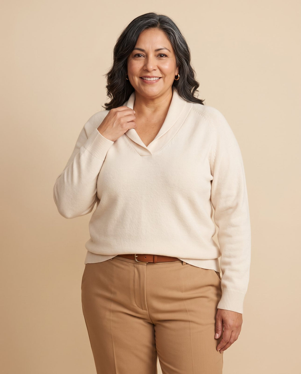 Elise | Shawl Collar V-Neck Sweater worn by a woman with curves