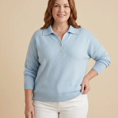 Collared Button V-Neck Sweater worn by a woman with curves
