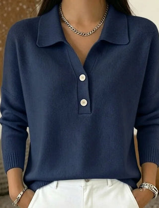 Collared Button V-Neck Sweater in Navy