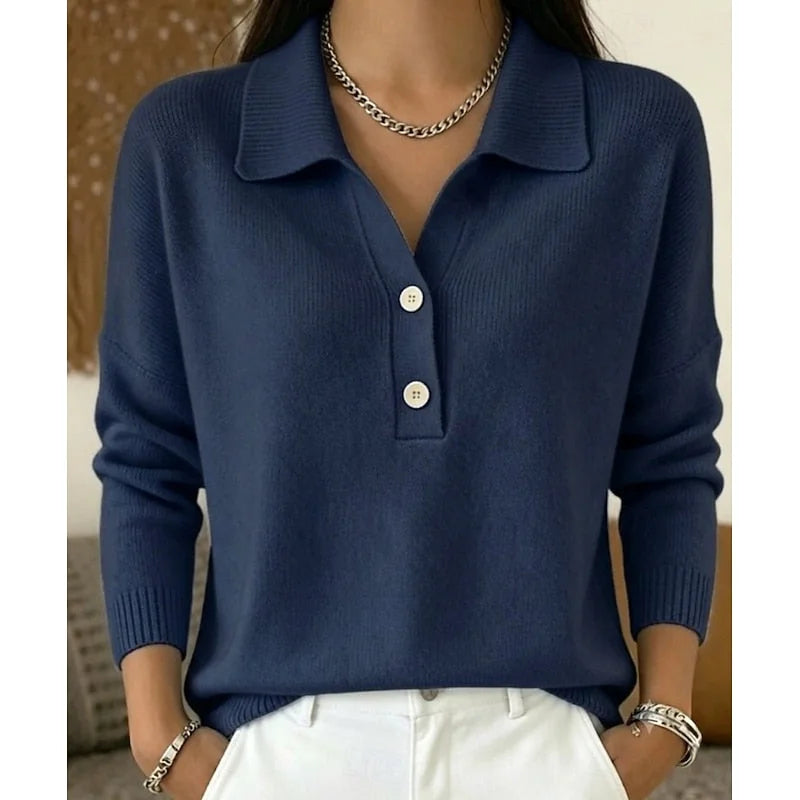 Collared Button V-Neck Sweater in Navy