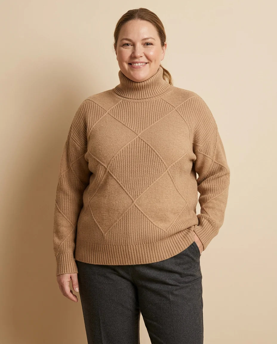 Diamond Pattern Turtleneck Sweater worn by a woman with curves