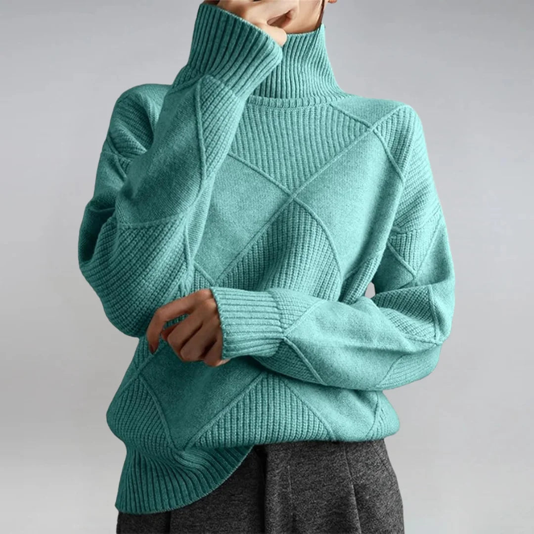 Diamond Pattern Turtleneck Sweater in Teal