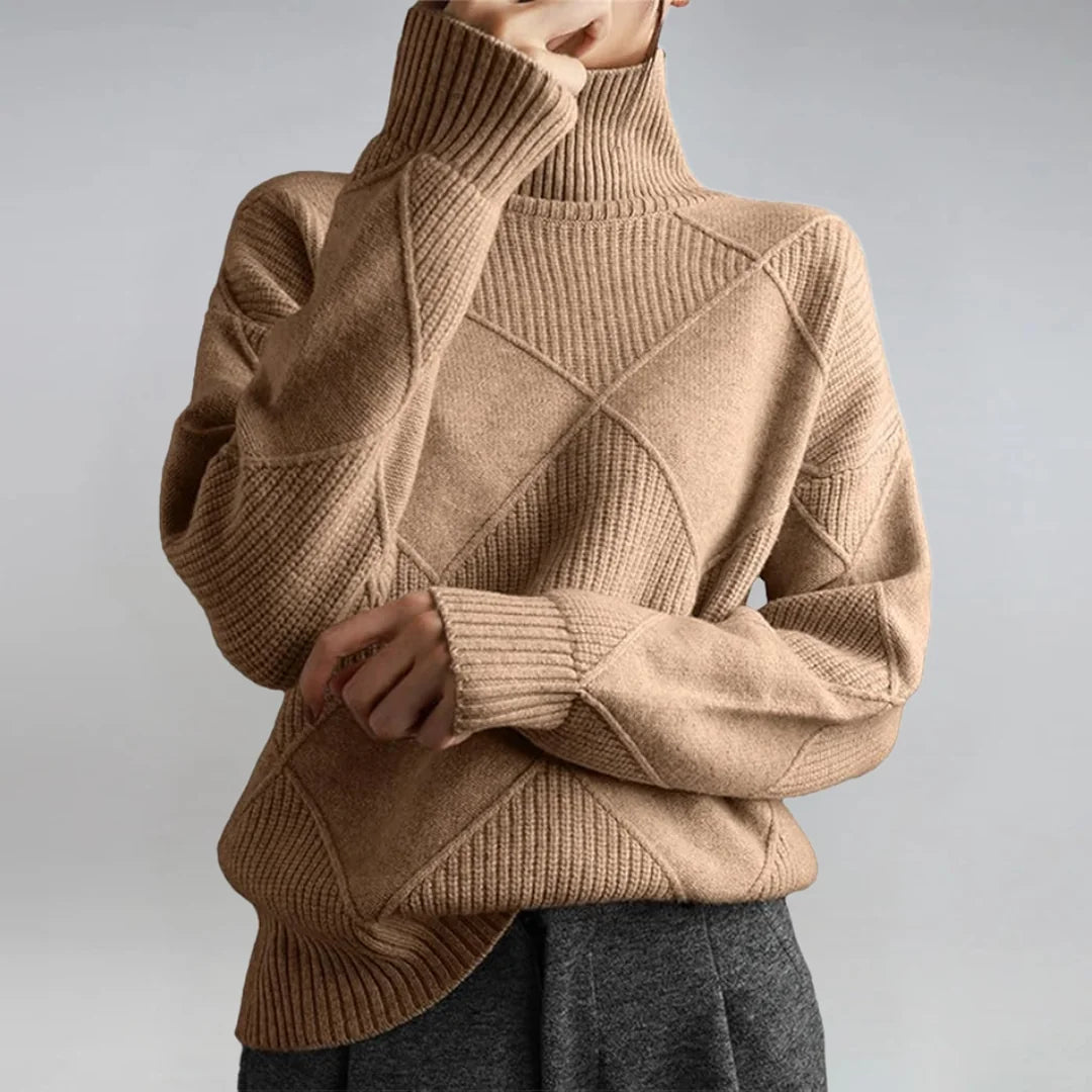 Diamond Pattern Turtleneck Sweater in Camel