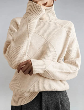 Diamond Pattern Turtleneck Sweater in Beige