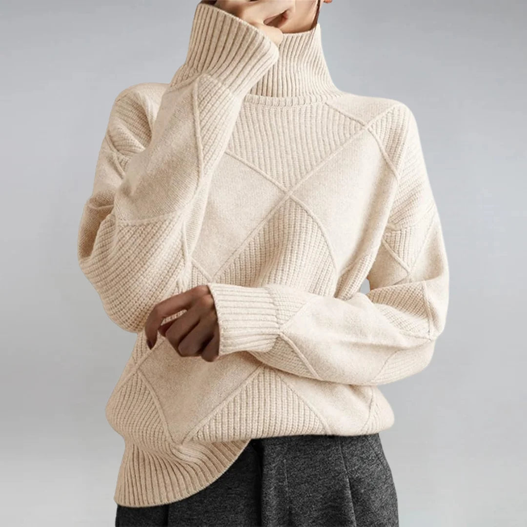 Diamond Pattern Turtleneck Sweater in Beige