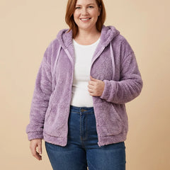 Fuzzy Hooded Zip Jacket worn by a woman with curves