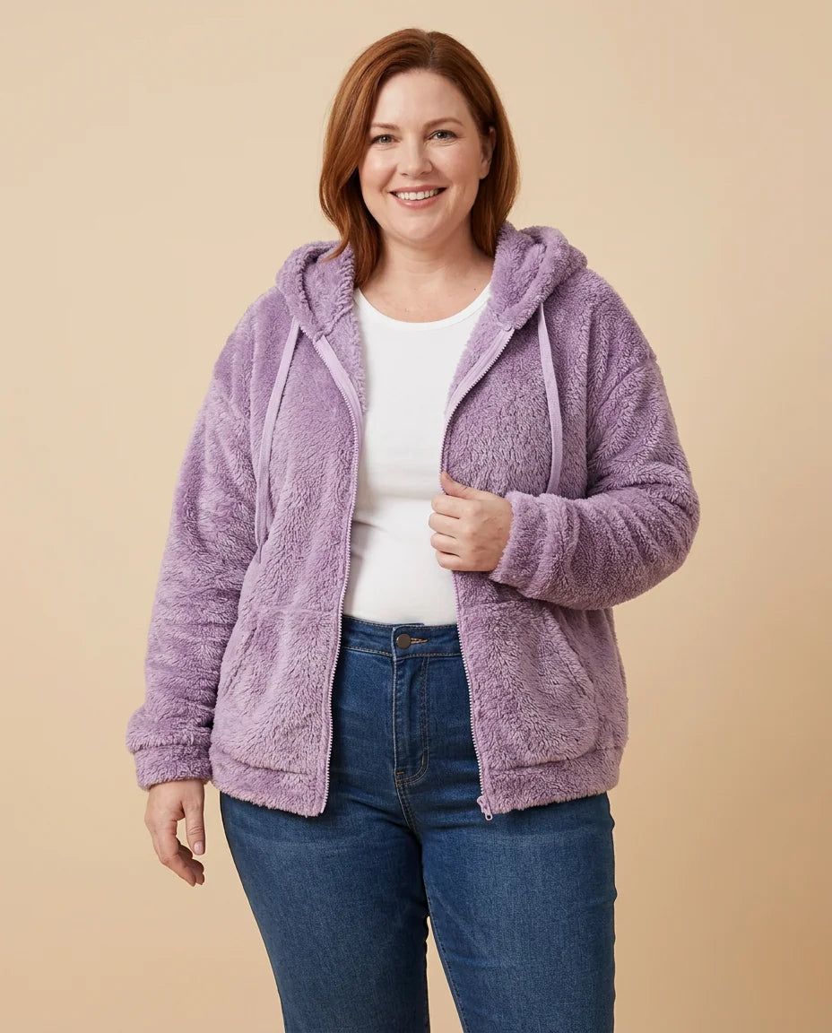 Fuzzy Hooded Zip Jacket worn by a woman with curves