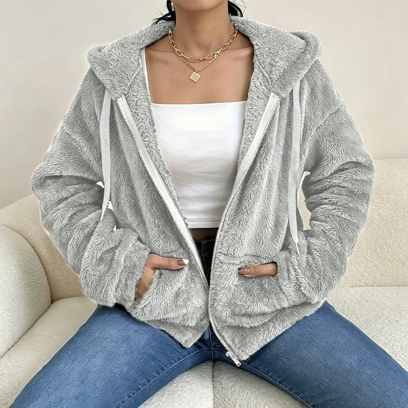 Fuzzy Hooded Zip Jacket in Gray