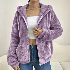 Fuzzy Hooded Zip Jacket in Purple