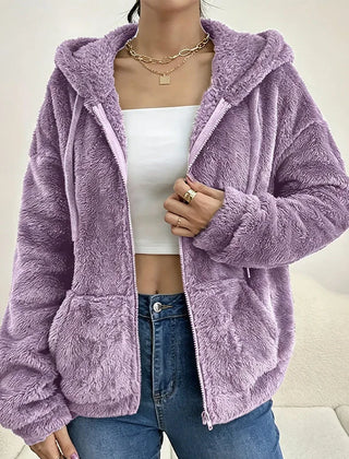Fuzzy Hooded Zip Jacket in Purple