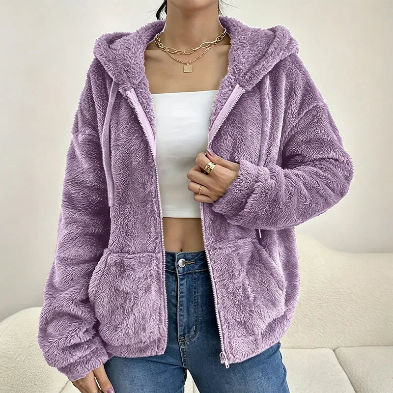 Fuzzy Hooded Zip Jacket in Purple