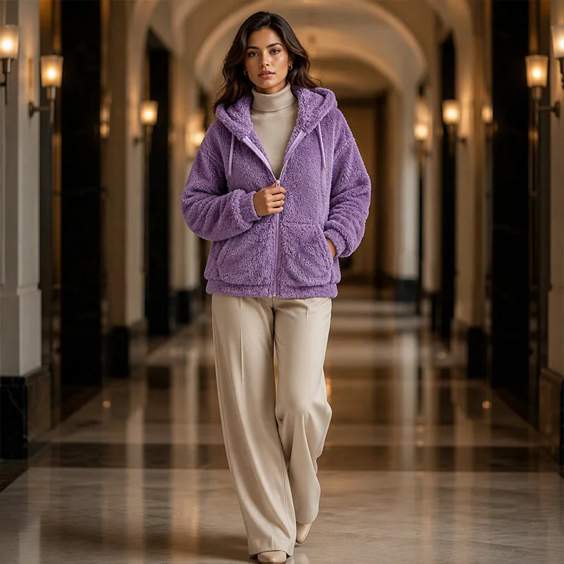 Fuzzy Hooded Zip Jacket in Purple