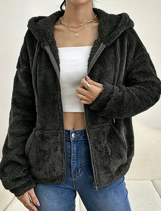 Fuzzy Hooded Zip Jacket in Black