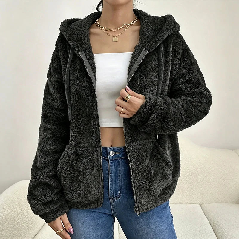 Fuzzy Hooded Zip Jacket in Black