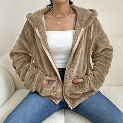Fuzzy Hooded Zip Jacket in Khaki