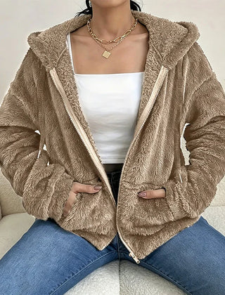 Fuzzy Hooded Zip Jacket in Khaki
