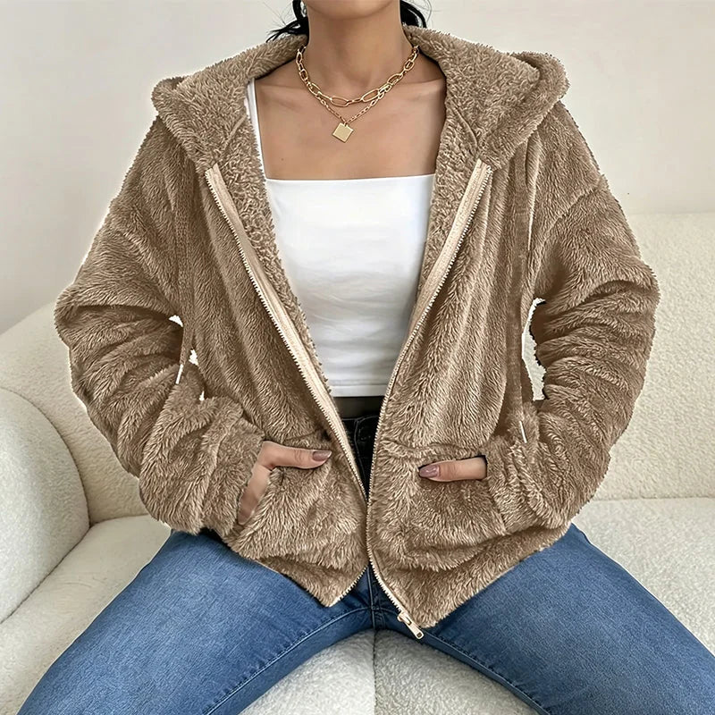 Fuzzy Hooded Zip Jacket in Khaki