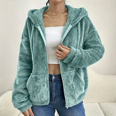 Fuzzy Hooded Zip Jacket in Mint Green