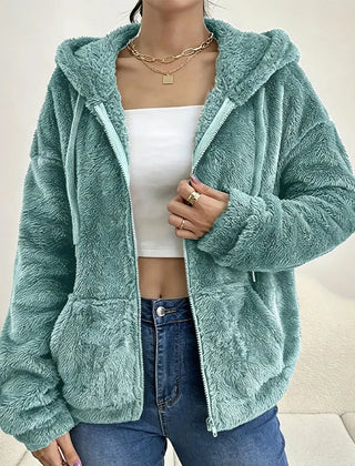 Fuzzy Hooded Zip Jacket in Mint Green