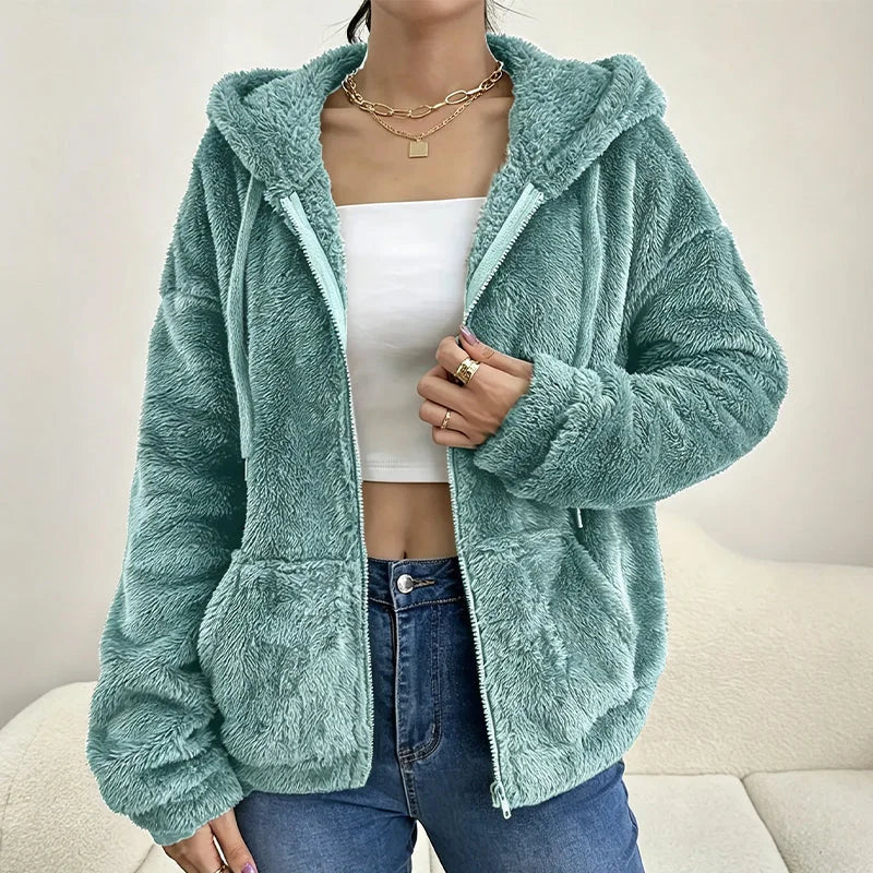 Fuzzy Hooded Zip Jacket in Mint Green