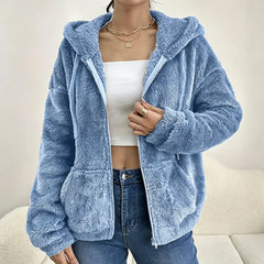 Fuzzy Hooded Zip Jacket in Blue