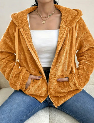 Fuzzy Hooded Zip Jacket in Mustard
