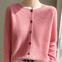 Elodie Fuzzy Button-Front Cardigan in Pink