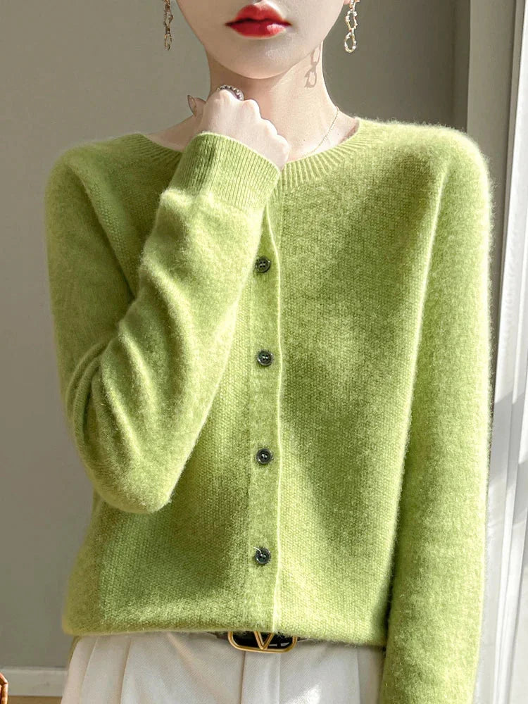 Elodie Fuzzy Button-Front Cardigan in Apple Green