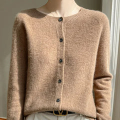 Elodie Fuzzy Button-Front Cardigan in Champagne Beige