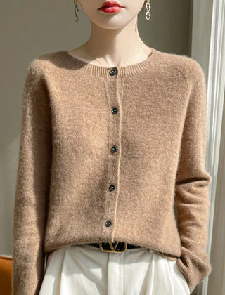 Elodie Fuzzy Button-Front Cardigan in Champagne Beige
