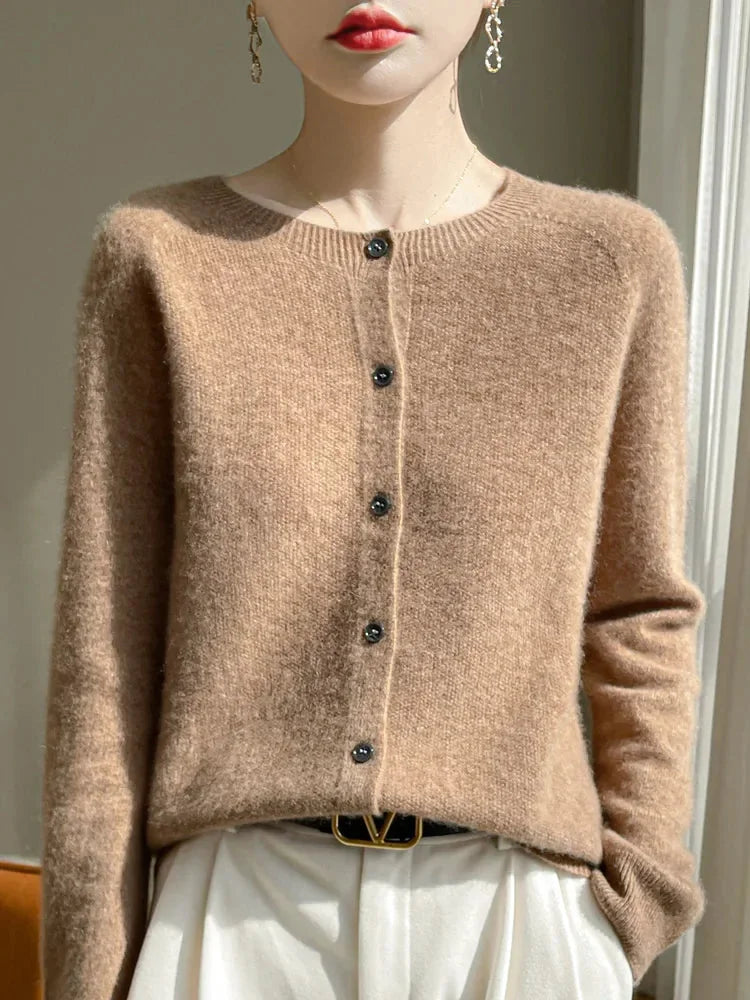 Elodie Fuzzy Button-Front Cardigan in Champagne Beige