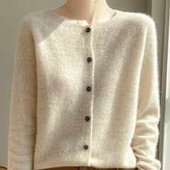 Elodie Fuzzy Button-Front Cardigan in Beige