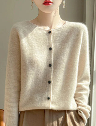 Elodie Fuzzy Button-Front Cardigan in Beige